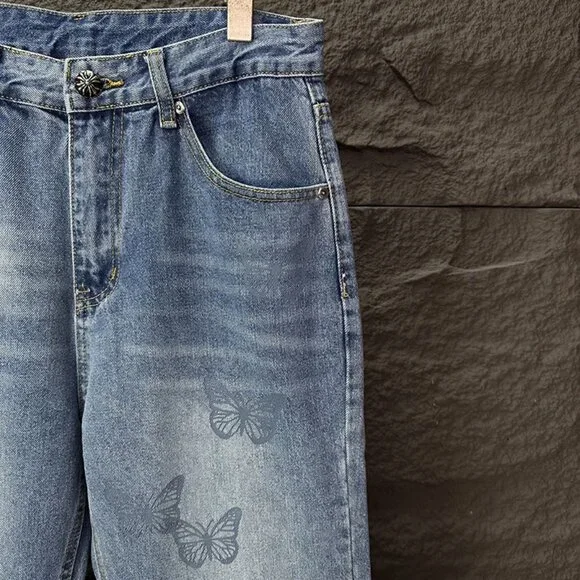Chrome Hearts Butterfly Print Washed Loose Jeans
